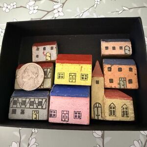 Vintage Mini Primitive Wooden Block House Village Hand Painted Folk Art Lot of 8